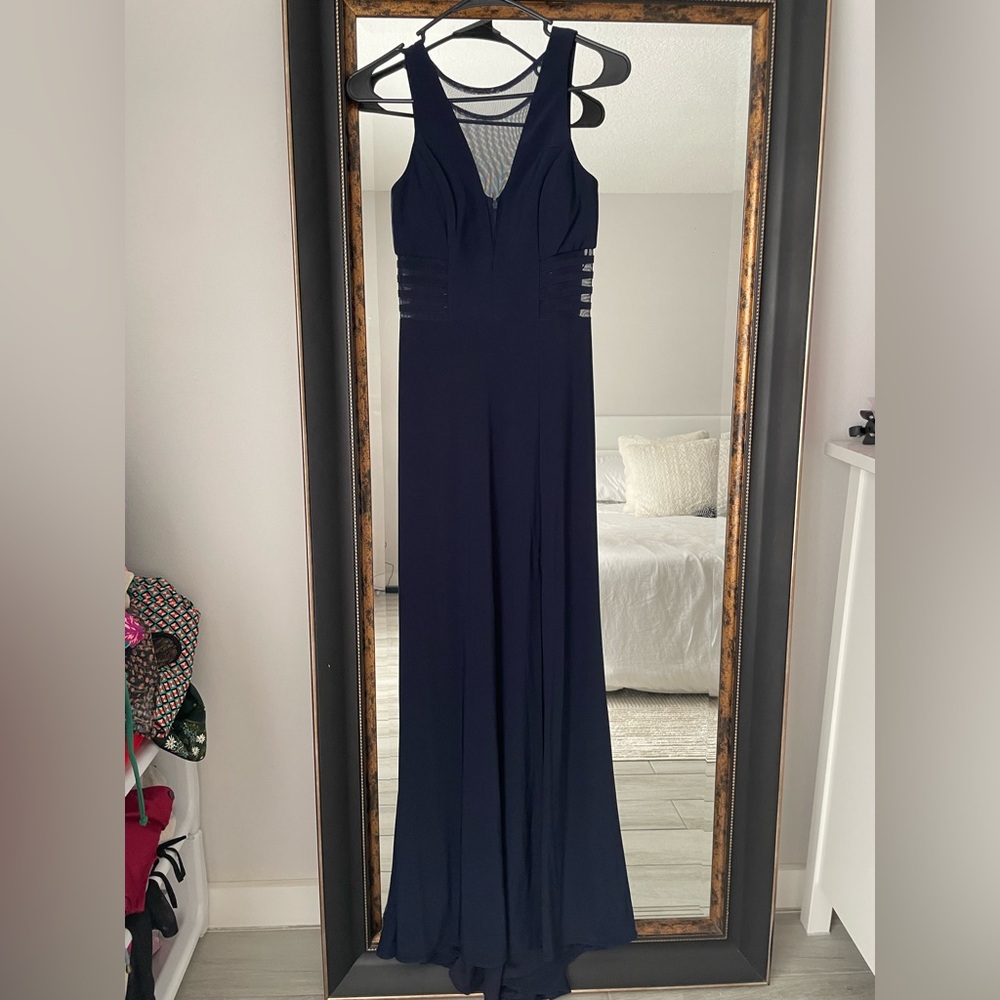 Morgan & Co. Navy Blue Mesh Cutout Slit Formal Maxi Dress Size 1/2 - Picture 7 of 7